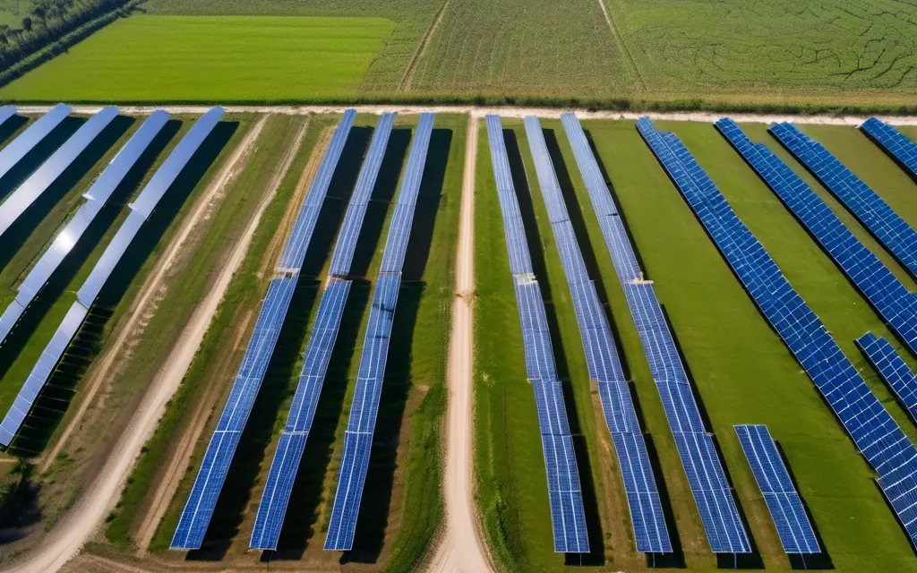 AI-generated aerial view of long rows of blue solar panels in a solar farm, as captured by a drone