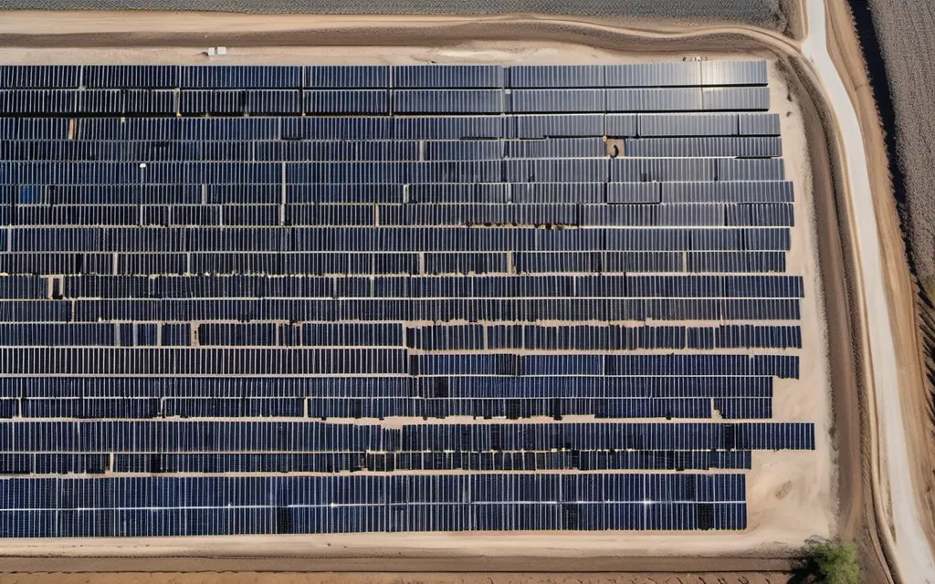 AI-generated high-altitude view of a utility-scale solar farm laid out in blocks with access roads