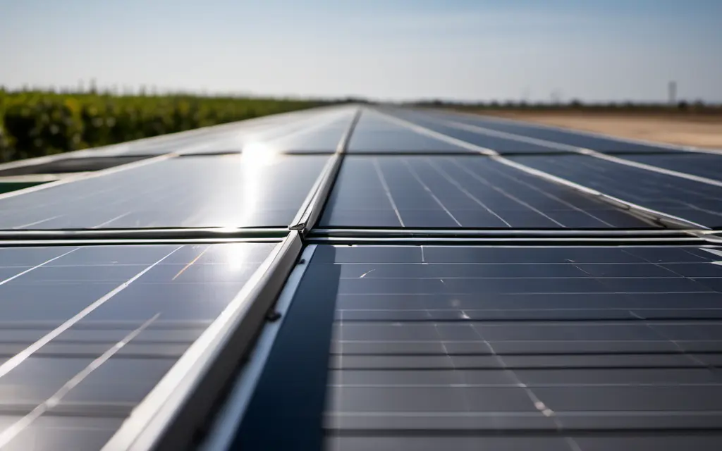 AI-generated close-up of a solar panel module in a long row, the kind of module that receives a persistent identity