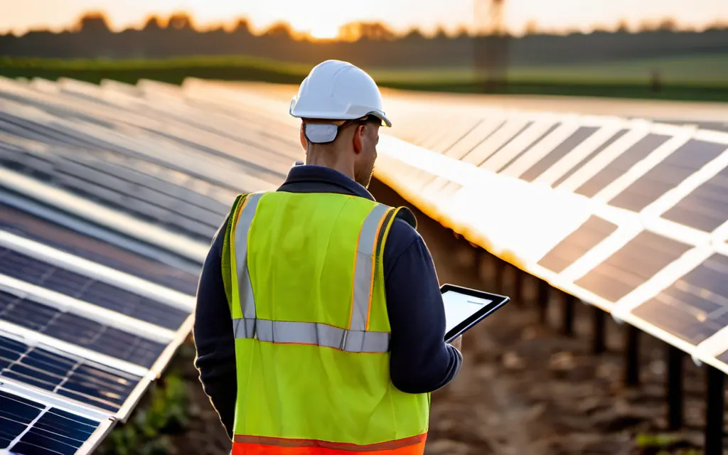 AI-generated scene of an O&M technician in a hi-vis vest and helmet reviewing a tablet between rows of solar panels at sunset